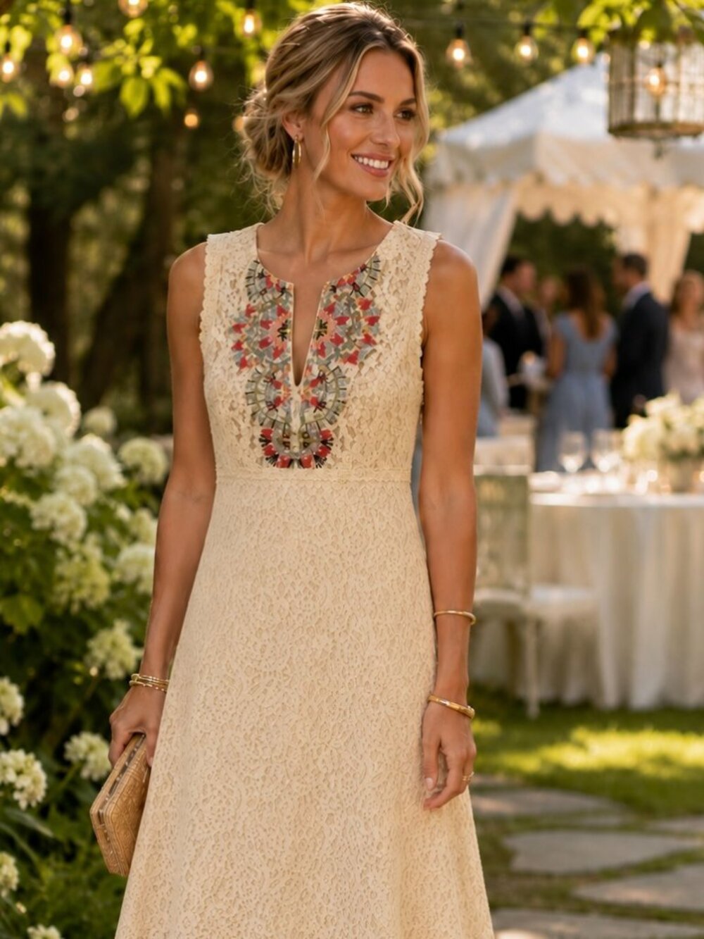 Sundance Ivory Cream Lace Embroidered Floral Midi Dress Women's Size 2 Boho